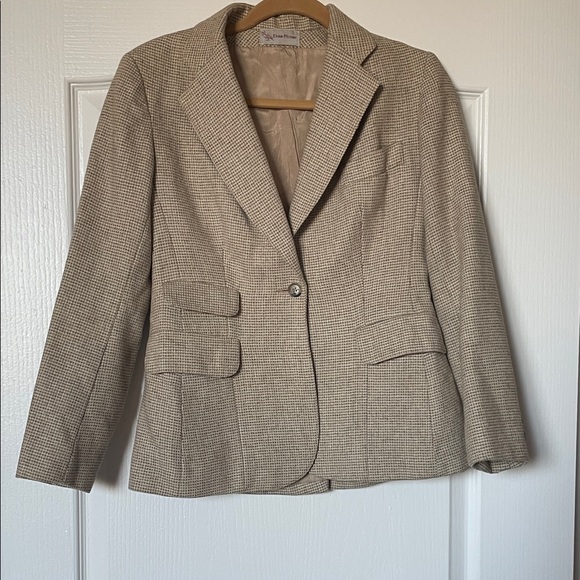 Vintage Evan Picone 100% Wool One-Button Blazer Beige Check Size 4 Made In USA - Picture 1 of 7